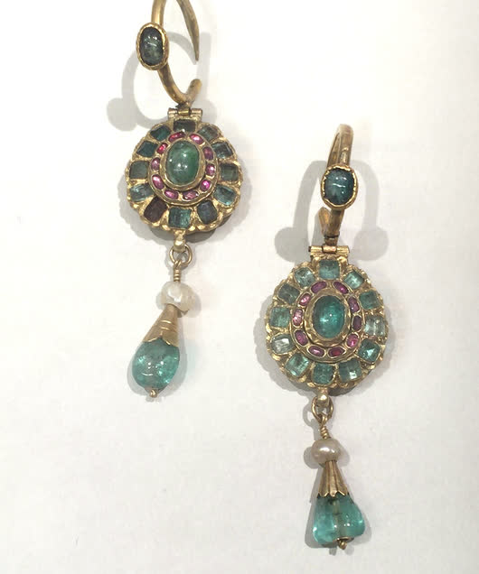 Pair of gold pendant earrings set with green stones and pearls